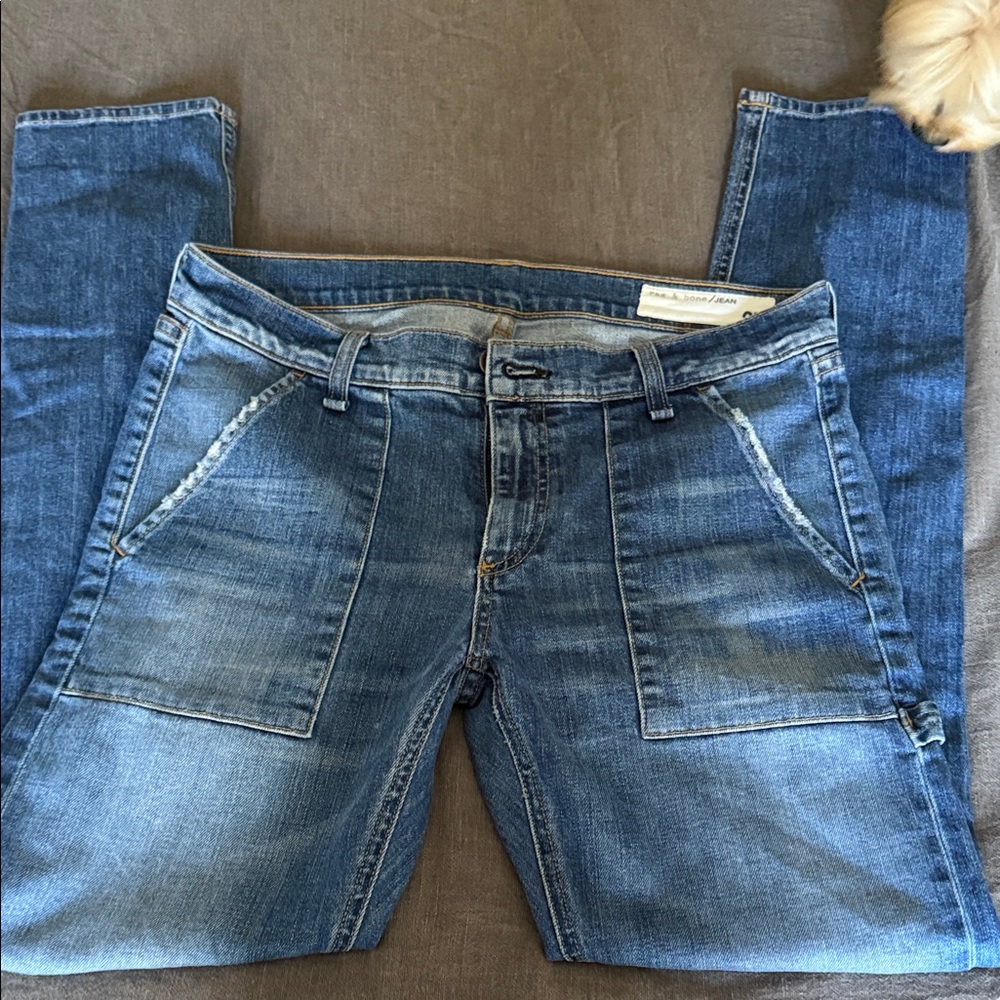 rag & bone Light-Mid Blue Boyfriend Jeans with Patch Pockets